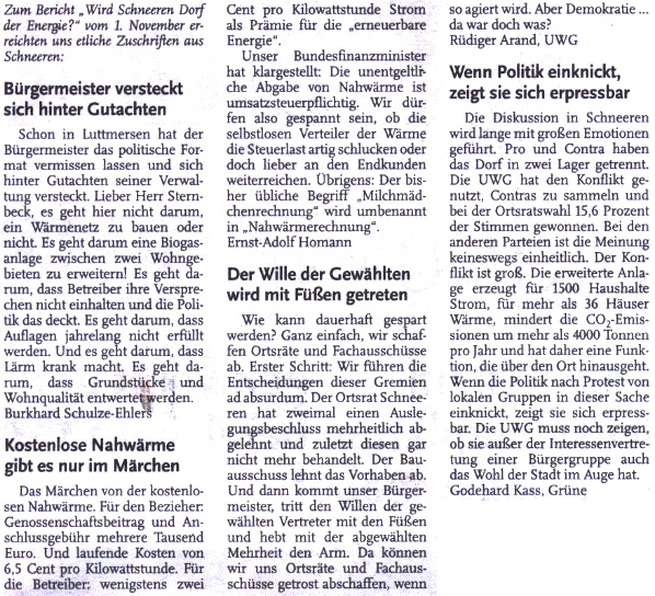 Leserbriefe Biogasanlage Schneeren