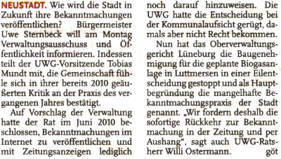 UWG fordert: Bekanntmachung in die Zeitung