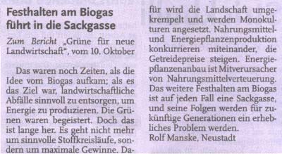 Festhalten am Biogas fhrt in die Sackgasse