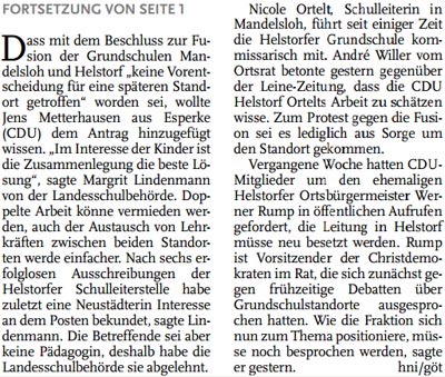 Grundschulfusion: CDU will Helstorf als Standort sichern (Text)