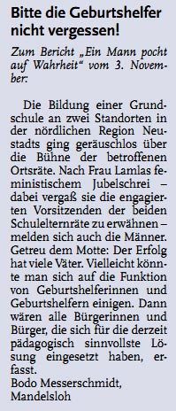 Bitte die Geburtshelfer nicht vergessen !  (Leserbrief)