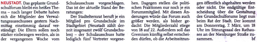 Grundschulforum: Verwaltungsausschuss will Eltern mehr beteiligen (Text)