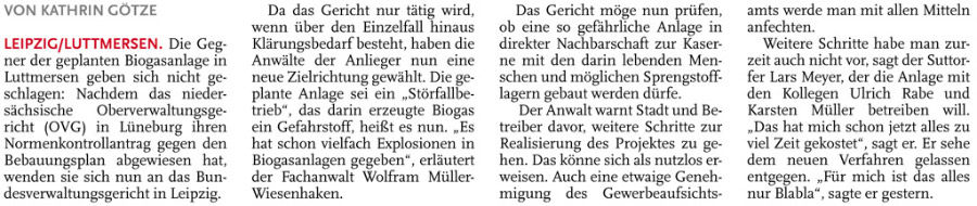 Anwalt: Biogas ist Gefahrstoff (Text)