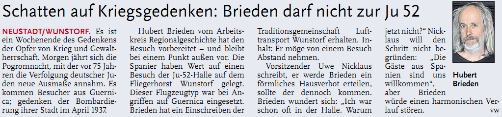 Schatten auf Kriegsgedenken: Brieden darf nicht zur Ju 52 (Bild und Text)