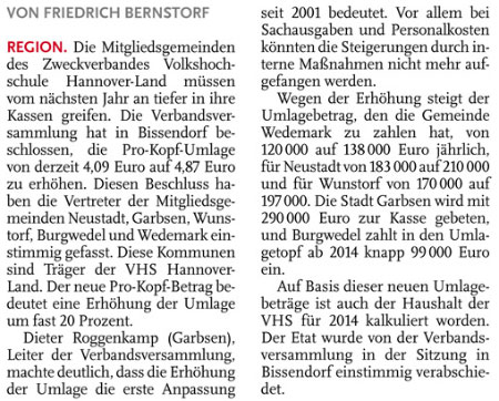Umlage steigt fr Gemeinden der VHS (Text)