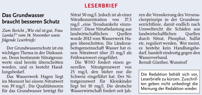 Das Grundwasser braucht besseren Schutz (Text)