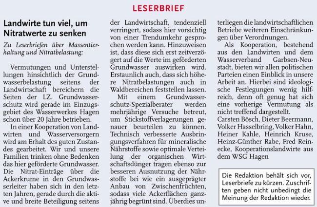 Leserbrief: Landwirte tun viel, um Nitratwerte zu senken (Text)