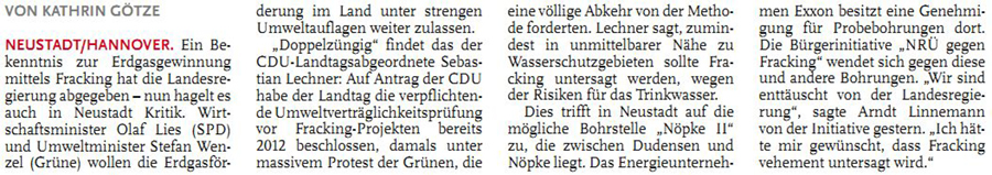 Kritik an Fracking-Kurs im Land (Text)