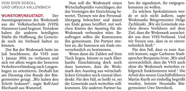 VHS leitet Abspaltung der Wedemark ein (Text)