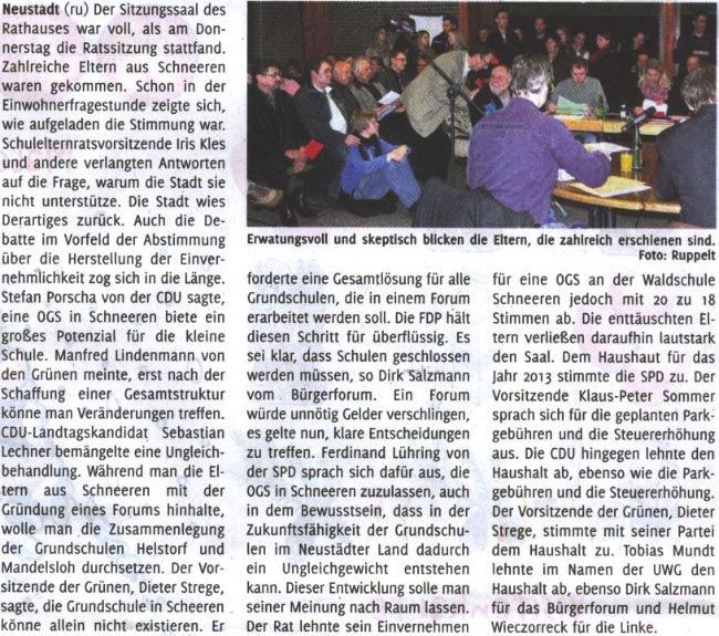 Kein Einvernehmen ber OGS fr Schneeren (Text und Foto)