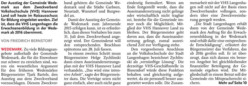 Wedemark bereitet Ausstieg vor (Text)