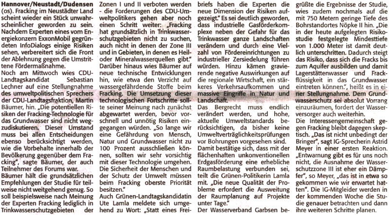 Front gegen Fracking wird immer breiter - zumindest in Wasserschutzgebieten (Text)