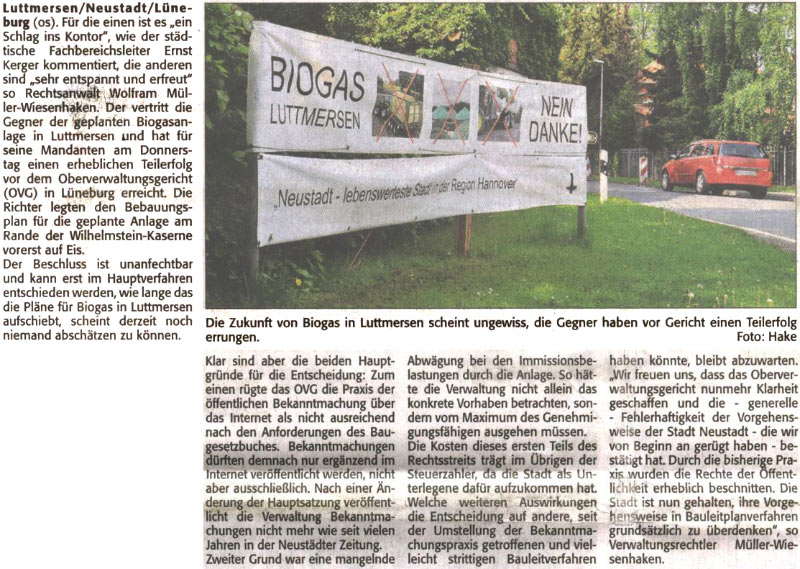 Oberverwaltungsgericht stoppt Biogas-Planungen in Luttmersen (Text und Bild)