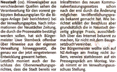 Biogas: Verwaltungsspitze fr Fehler verantwortlich