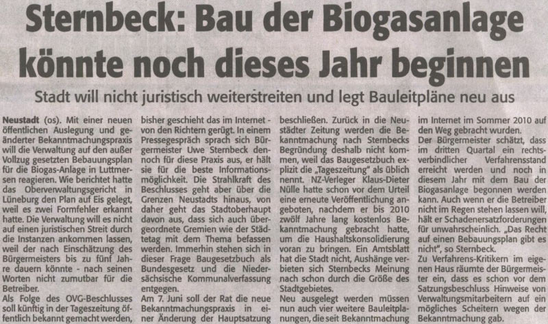 Sternbeck: Bau der Biogasanlage knnte noch dieses Jahr beginnen