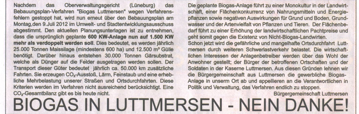 Biogas in Luttmersen - Nein Danke ! (Anzeige)