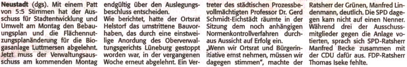 Ausschuss lehnt Biogasanlage ab (Text)