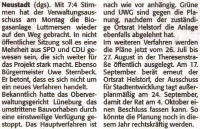Biogasanlage Luttmersen: Verfahren luft wieder an
