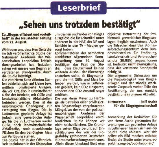 "Sehen uns trotzdem besttigt" (Leserbrief)