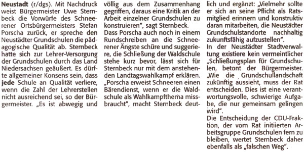 Sternbeck: Grundschulen nicht fr Wahlkampf missbrauchen (Text)