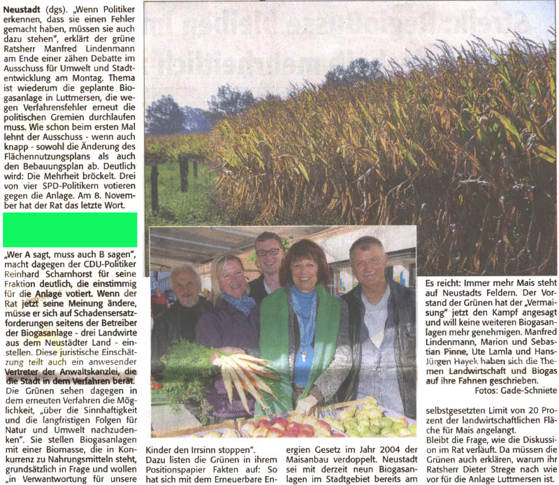 Nein zur Biogasanlage in Luttmersen - Grne wollen "Vermaisung" stoppen (Bild und Text)