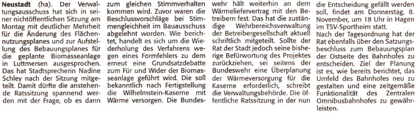 Im Verwaltungsausschuss gibt es eine deutliche Mehrheit fr Biogasanlage (Text)