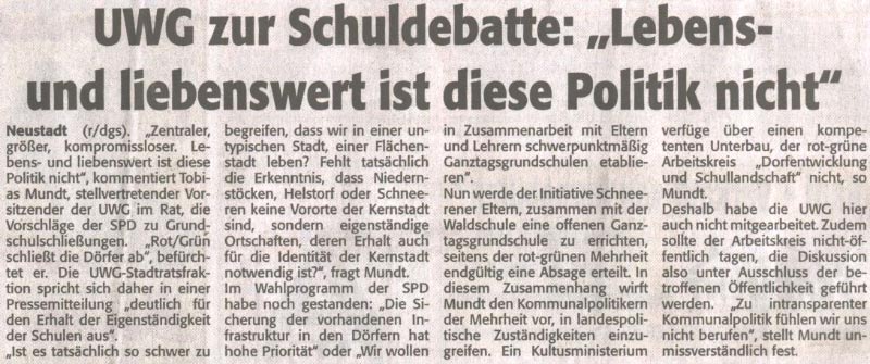 UWG zur Schuldebatte: "Lebens- und liebenswert ist diese Politik nicht" (Text)