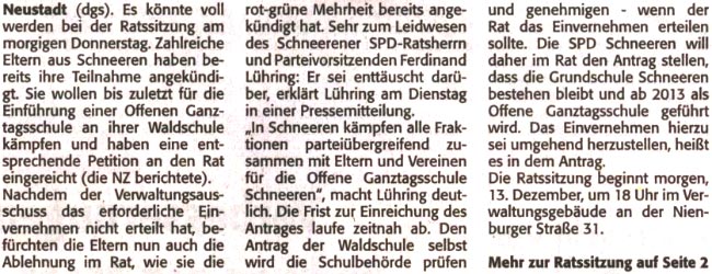 Schneeren kmpft bis zuletzt fr eine Offene Ganztagsschule (Text)
