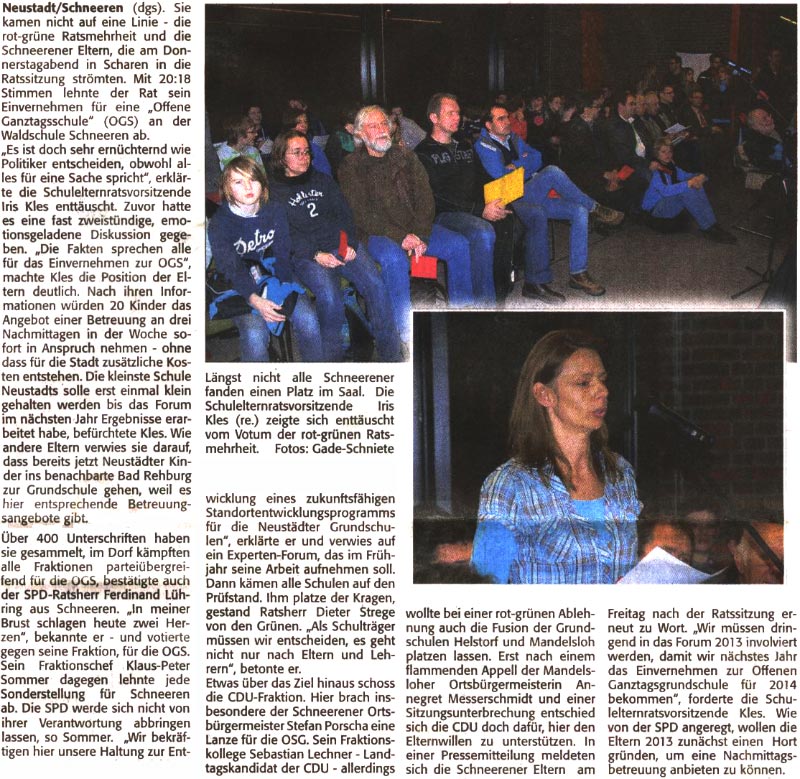 Ratsmehrheit bleibt auf Linie: Keine offene Ganztagsschule in Schneeren (Text und Fotos)