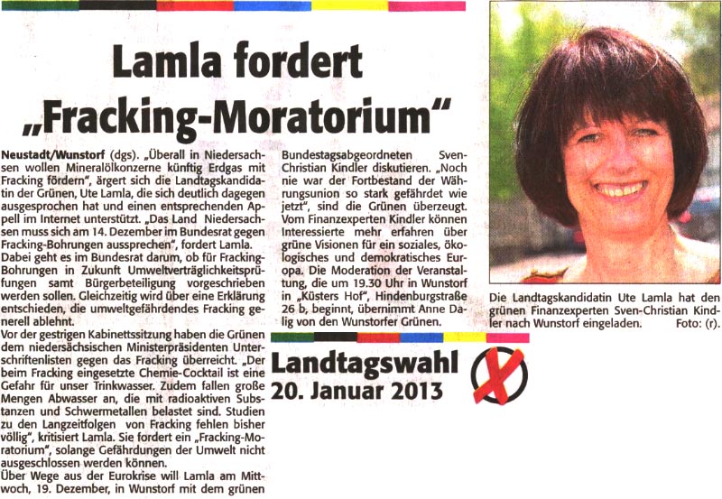 Lamla fordert: "Fracking-Moratorium" (Text und Bild)