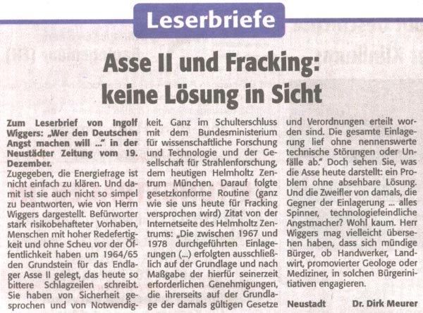 Leserbrief: Asse II und Fracking: keine Lsung in Sicht