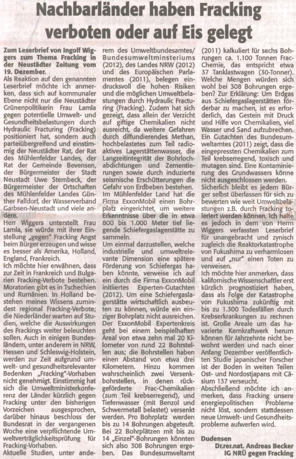 Leserbrief: Nachbarlnder haben Fracking verboten oder auf Eis gelegt (Text)