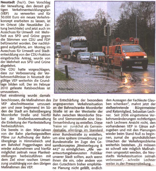 CDU-Vorschlag zum Verkehrsplan erneut abgeschmettert (Text und Bild)