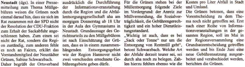 Fr die Grnen stehen Mllvermeidung und Gebhrengerechtigkeit im Vordergrund  (Text)