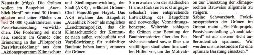 Grne wollen im "Auenblick Nord" eine Passivhaussiedlung errichten (Text)