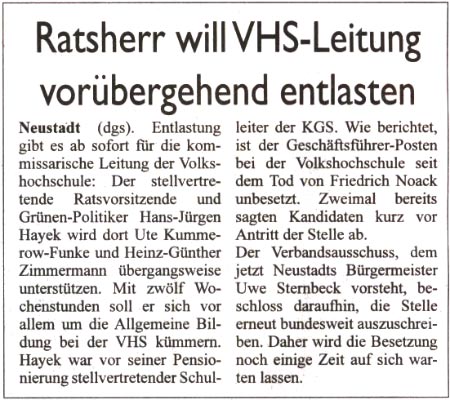 Ratsherr will VHS-Leitung vorbergehend entlasten (Text)