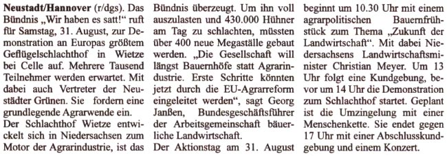 Bndnis ruft zur Demo gegen den Schlachthof Wietze auf (Text)