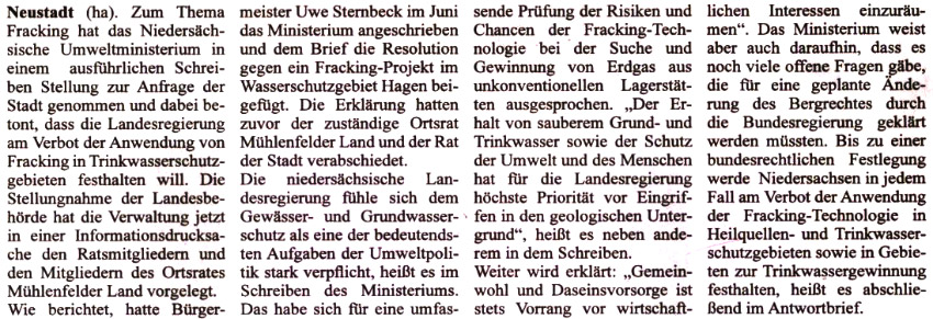 Fracking: Ministerium nimmt Stellung zur Anfrage der Stadtt (NZ)
