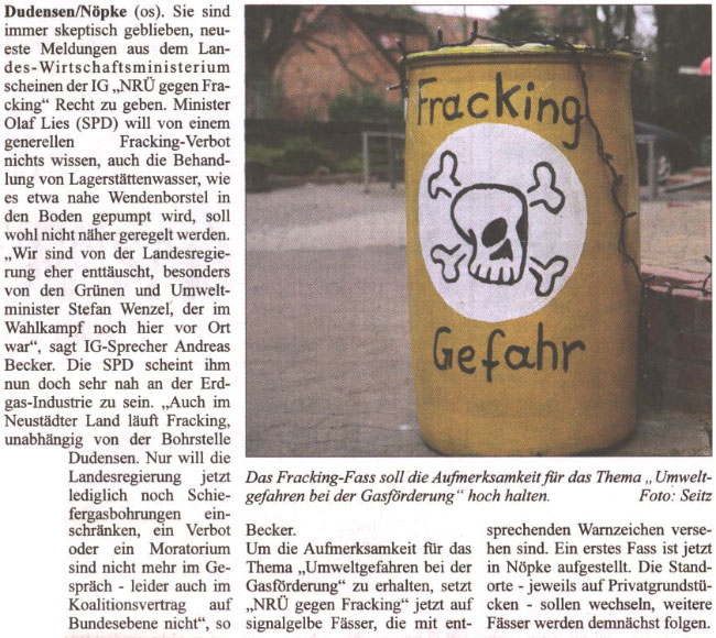 Fracking-Fsser sollen vor weiter bestehender Gefahr warnen (Text und Bild)