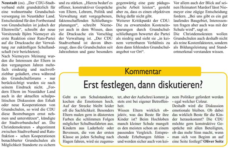 CDU: Schulen erhalten - wenn Eltern wollen (Text)