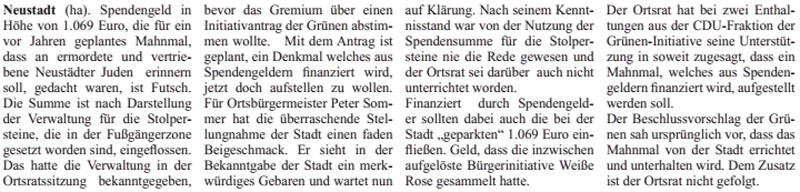 Stadt verwendet gebundene Spendengelder fr Stolpersteine (Text)