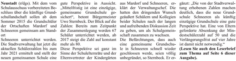 Neue Zahlen: Gemeinsame Grundschule in Schneeren hat eine gute Perspektive (Text)