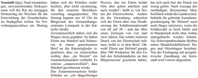 Wogen geglttet? Rat stellt morgen die Weichen fr die Grundschulen (Text)