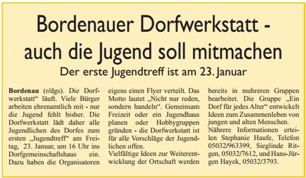 Bordenauer Dorfwerkstatt - auch die Jugend soll mitmachen (Text)