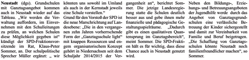 In Kernstadt und Umland: SPD will Angebot von Ganztagsgrundschulen prfen lassen (Text)
