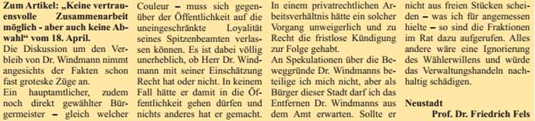 Diskussion nimmt schon fast groteske Zge an (Leserbrief -Text)