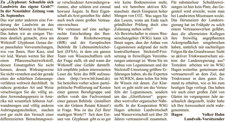 "Dialog statt Diffamierung"(Leserbrief)