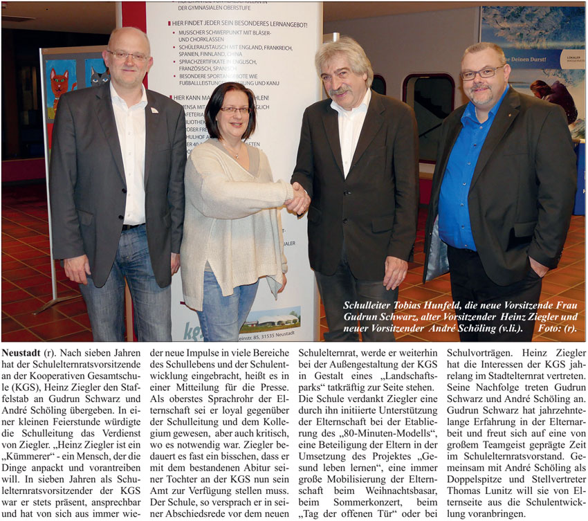 Schulelternratsvorsitzender der KGS bergibt den Staffelstab  (Text nd Bild)