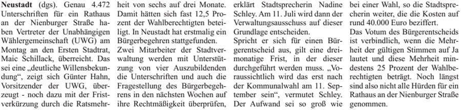 Bürgerbegehren Rathausneubau: UWG überreicht 4.472 Unterschriften