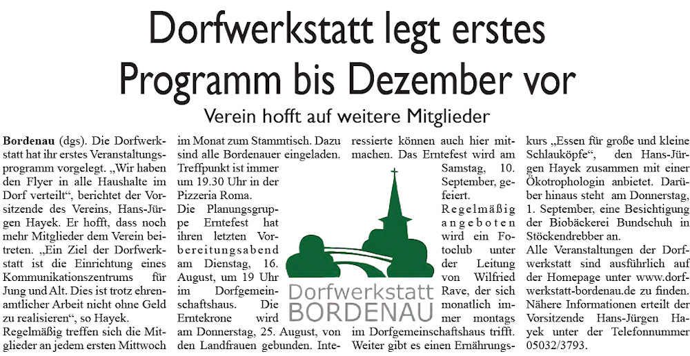 Dorfwerkstatt legt erstes Programm bis Dezember vor (Bild und Text)
